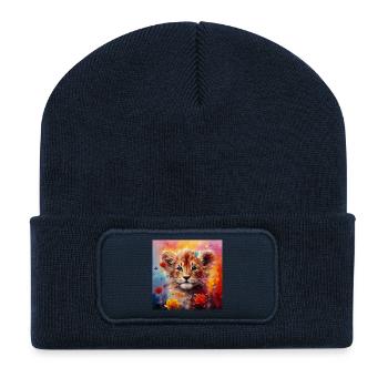 Löwenbaby – buntes Tiermotiv - Recycelte Patch Beanie - French Navy - Vorne