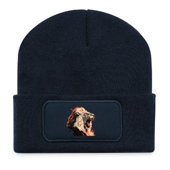 Löwenporträt im Flammenlook - Recycelte Patch Beanie - French Navy - Vorne
