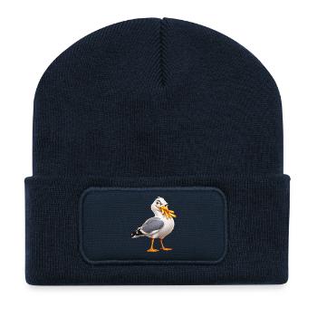 Freche Möwe stiehlt Chips – lustiger Meeresvogel - Recycelte Patch Beanie - French Navy - Vorne
