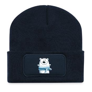 Niedlicher Eisbär mit Winterschal - Bär - Teddy - Recycelte Patch Beanie - French Navy - Vorne