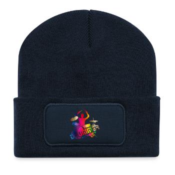 farbenfroher Schlagzeuger sitzt am Schlagzeug - Recycelte Patch Beanie - French Navy - Vorne