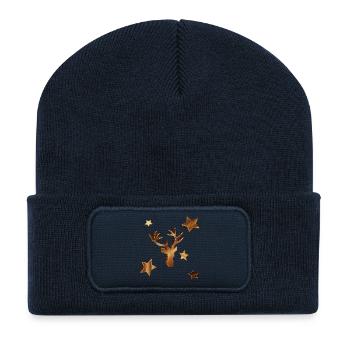 Deer head in wood look with stars for Christmas - Recycled Patch Beanie - french navy - Front