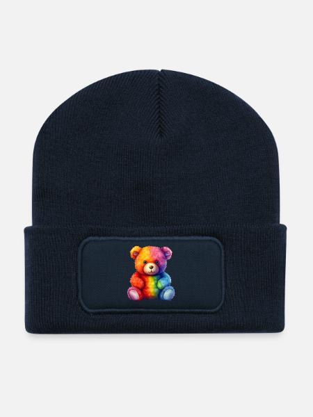 Regenbogen Plüsch Bär Umarmung - Recycelte Patch Beanie - French Navy
