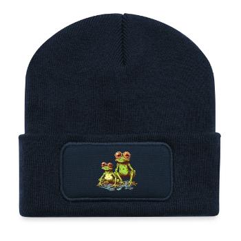 Grenouilles vertes fraîches avec des lunettes de soleil orange - Beanie recyclé à patch - bleu marine - Devant