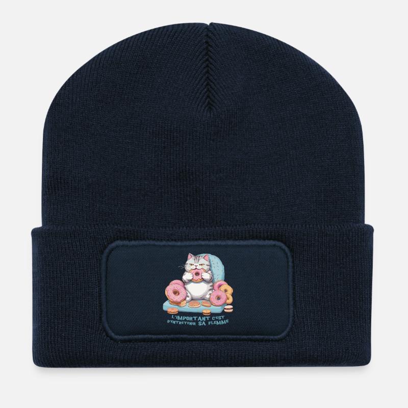Chat gourmand qui mange des donuts ! humour - Beanie recyclé à patch - bleu marine