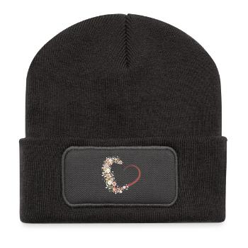 Herz Kalligrafie verziert Blüten und Schleierkraut - Recycelte Patch Beanie - Dunkelgrau - Vorne