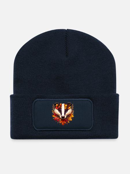 Ein Dachs, gestaltet aus verschiedenen Blättern - Recycelte Patch Beanie - French Navy