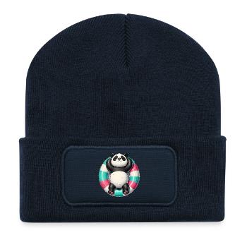 A relaxed panda on a swimming ring - Recycled Patch Beanie - french navy - Front