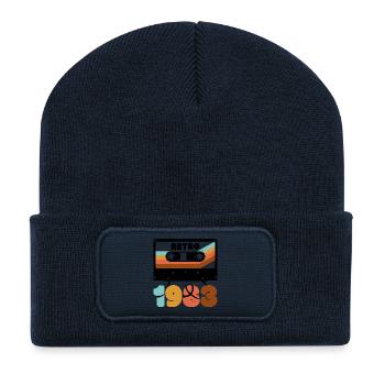 Typographie rétro des années 1980 à cassette de blocs de couleurs - Beanie recyclé à patch - bleu marine - Devant