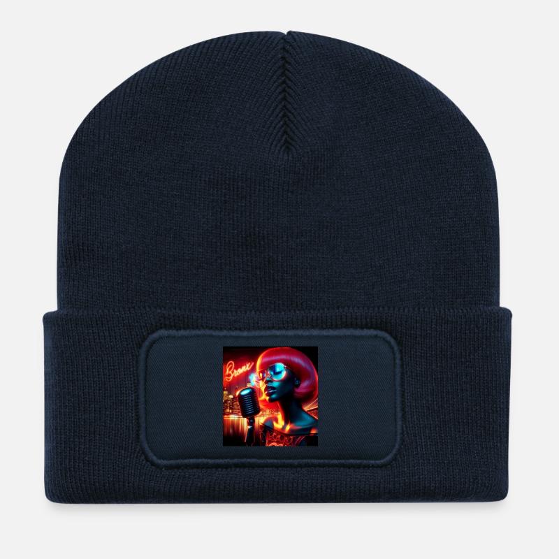 Modern portrait with neon and nighttime atmosphere - Recycled Patch Beanie - french navy