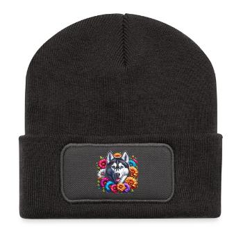 Husky und Blumen Muster - Recycelte Patch Beanie - Dunkelgrau - Vorne