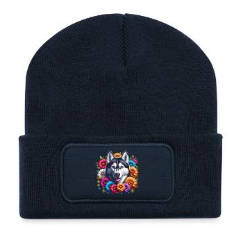 Husky and Floral Pattern - Recycled Patch Beanie - french navy - Front