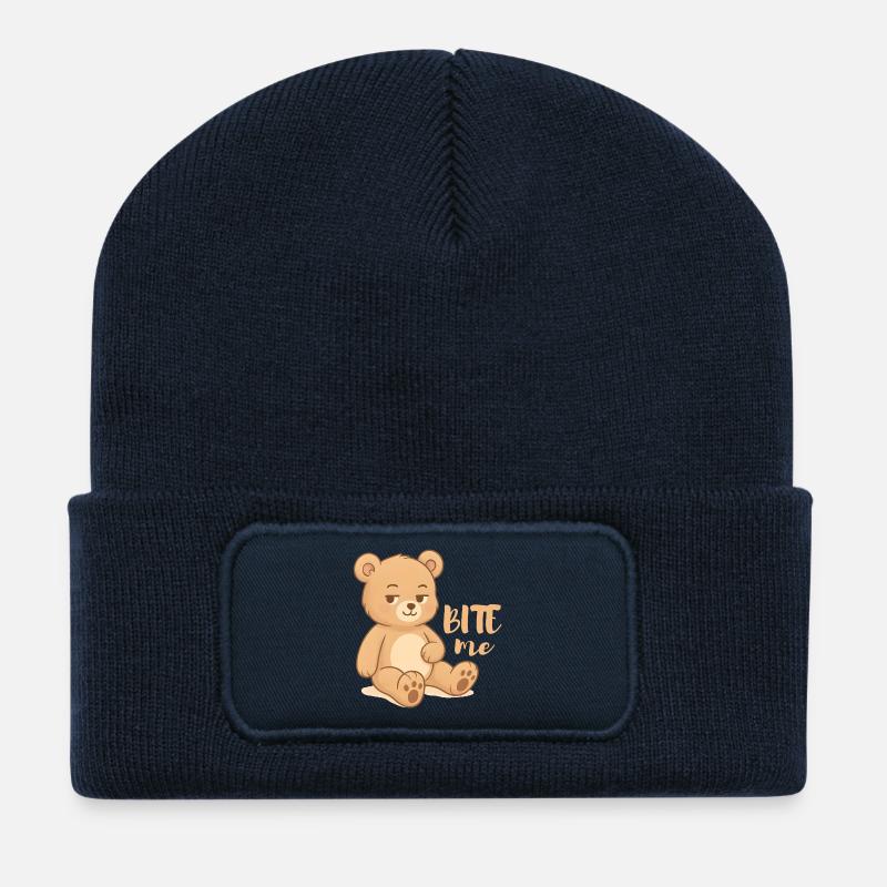 Frecher Teddy-Cutesy Design mit Attitüde - bite me - Recycelte Patch Beanie - French Navy