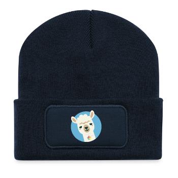 Alpaka mit bunter Blumenkette-Fröhliches Tiermotiv - Recycelte Patch Beanie - French Navy - Vorne