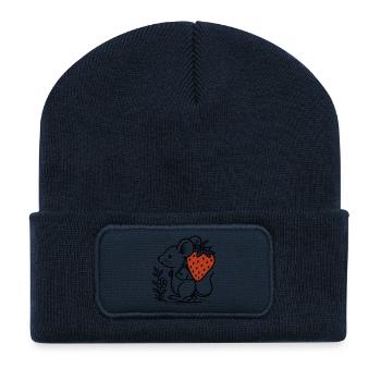 Maus mit Erdbeere - niedliches Naturdesign - Recycelte Patch Beanie - French Navy - Vorne