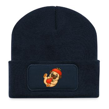 Cute Pug with Strawberries in Cartoon Style Funny - Recycled Patch Beanie - french navy - Front
