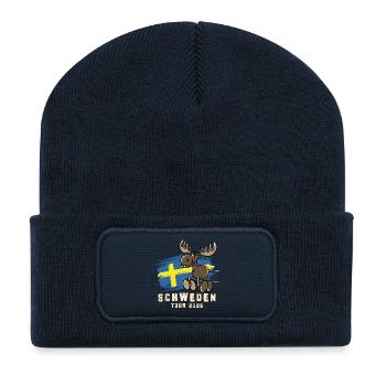 Schweden Tour 2026 – Flagge & lustiger Elch - Recycelte Patch Beanie - French Navy - Vorne