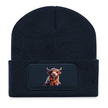 Vache mignonne avec des guirlandes lumineuses - Beanie recyclé à patch - bleu marine - Devant