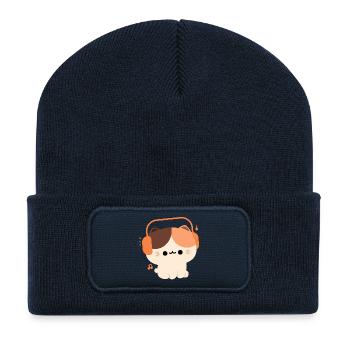 Kawaii Cat with Headphones Design - Recycled Patch Beanie - french navy - Front