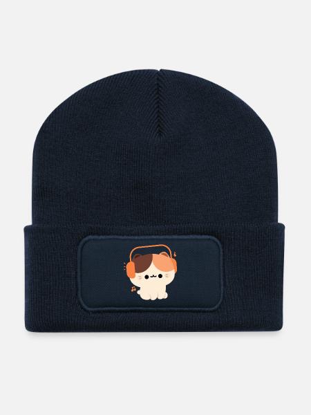 Kawaii Cat with Headphones Design - Recycled Patch Beanie - french navy