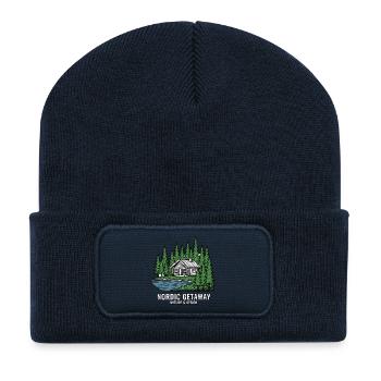 Norwegische Hütte im Kiefernwald - Recycelte Patch Beanie - French Navy - Vorne