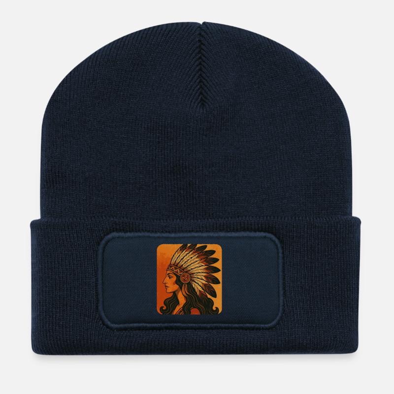 Kopfputz Porträt mit Federn - Recycelte Patch Beanie - French Navy