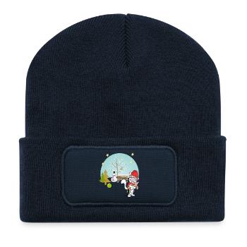 Chat avec ours en peluche en hiver - Beanie recyclé à patch - bleu marine - Devant