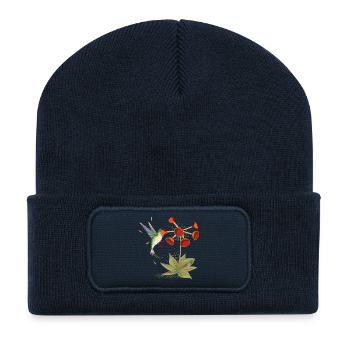 Colibri rencontre la fleur de la cloche d’aspiration - motif amusant - Beanie recyclé à patch - bleu marine - Devant