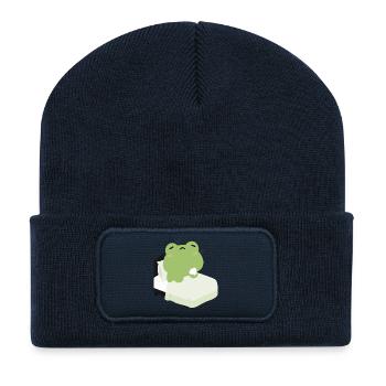 Grenouille fatiguée L’heure du coucher - Beanie recyclé à patch - bleu marine - Devant