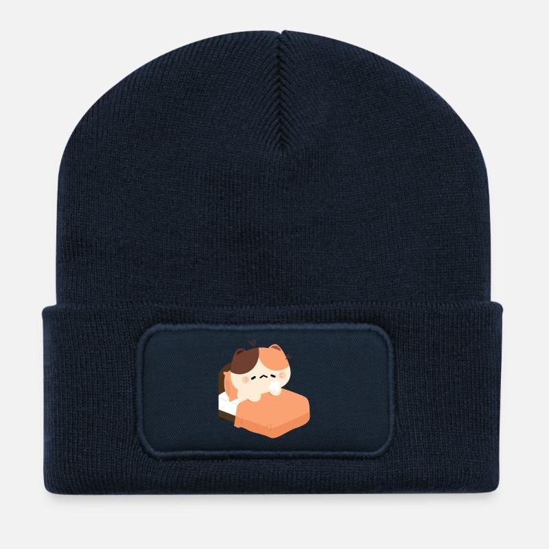 Chat Tortie Endormi - Beanie recyclé à patch - bleu marine