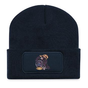 Cute Raven Witch with Crystal Ball Fortune Teller - Recycled Patch Beanie - french navy - Front