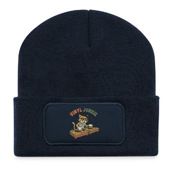 Vinyl Junkie – Retro Comic DJ Katze Vintage - Recycelte Patch Beanie - French Navy - Vorne