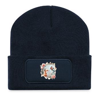 Fuchs mit Schmetterling - Recycelte Patch Beanie - French Navy - Vorne