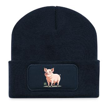 Cuddly Spring Pig Cartoon - Recycled Patch Beanie - french navy - Front