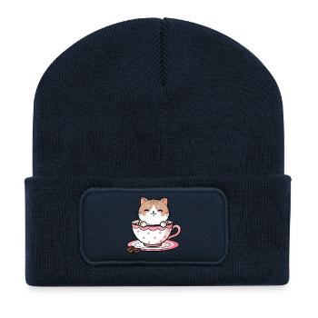 Gemütliche Katze in rosa Teetasse - Recycelte Patch Beanie - French Navy - Vorne