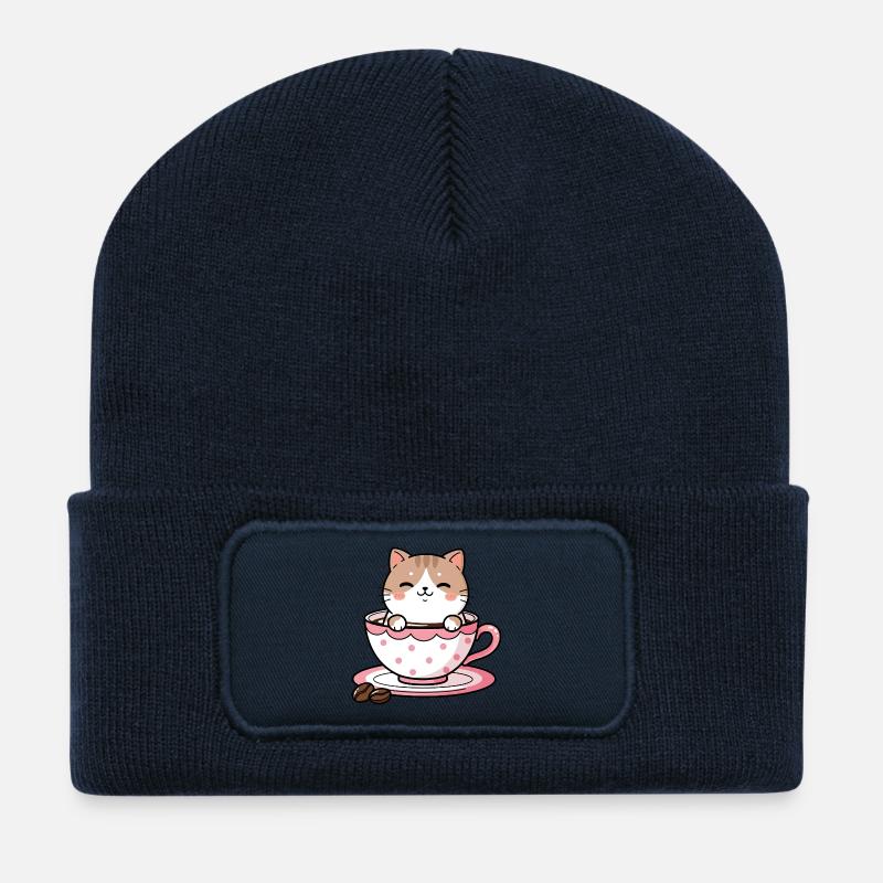 Cozy Cat in Pink Teacup - Recycled Patch Beanie - french navy