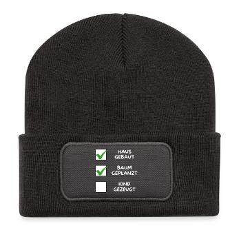 Maison construite, arbre planté (enfant conçu) blanc - Beanie recyclé à patch - charbon - Devant