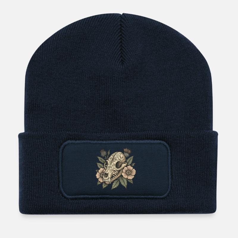 Vintage Skull with Flowers - Recycled Patch Beanie - french navy