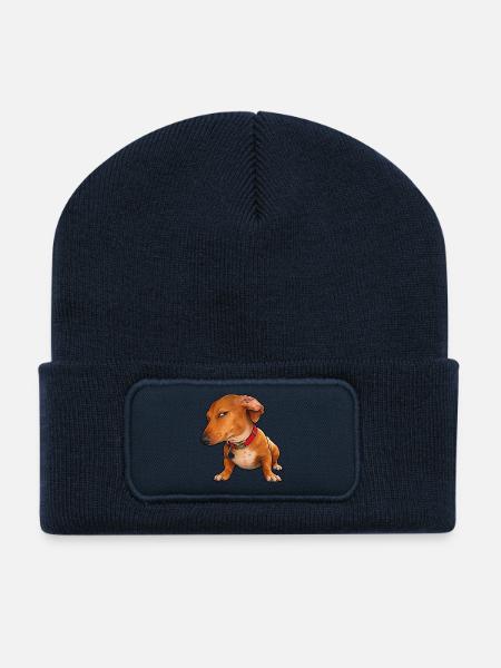 Regard de côté du teckel lundi - Beanie recyclé à patch - bleu marine