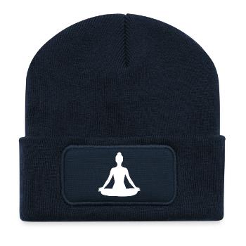 Yoga Silhouetten weiß Meditation  - Recycelte Patch Beanie - French Navy - Vorne