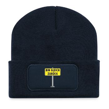 Bin Gleich Zurück Schild - Recycelte Patch Beanie - French Navy - Vorne
