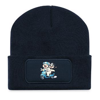 Polar Bear and Panda Bear on a Scooter - Recycled Patch Beanie - french navy - Front