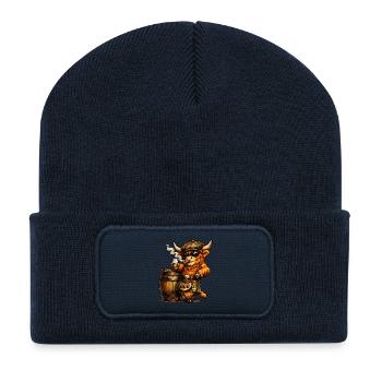 Highland Cattle with Whisky Barrel and Cigar - Recycled Patch Beanie - french navy - Front