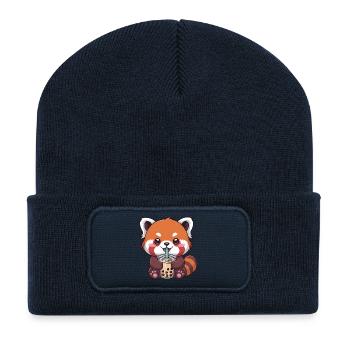 Le panda rouge de Kawaii buvant du bubble tea - Beanie recyclé à patch - bleu marine - Devant