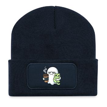 Halloween Kaffee Geist mit Zombie Katze - Recycelte Patch Beanie - French Navy - Vorne