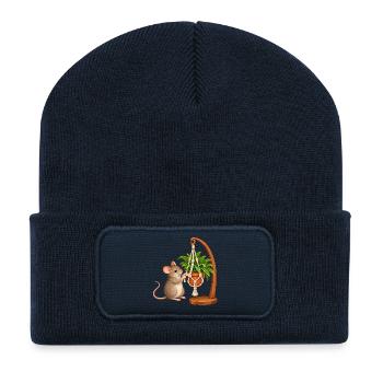Maus knüpft einen Pflanzenhalter - Recycelte Patch Beanie - French Navy - Vorne