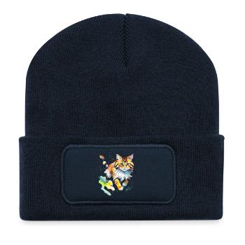 springende  Katze im wasserfarbenlook - Recycelte Patch Beanie - French Navy - Vorne