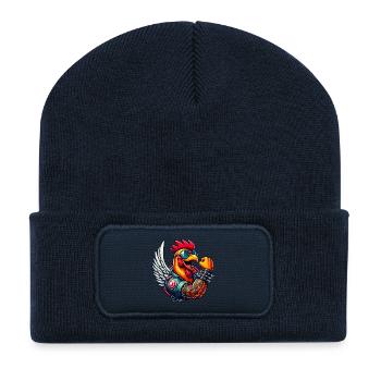 Zäher Hahn mit Tattoos und Sonnenbrille - Recycelte Patch Beanie - French Navy - Vorne