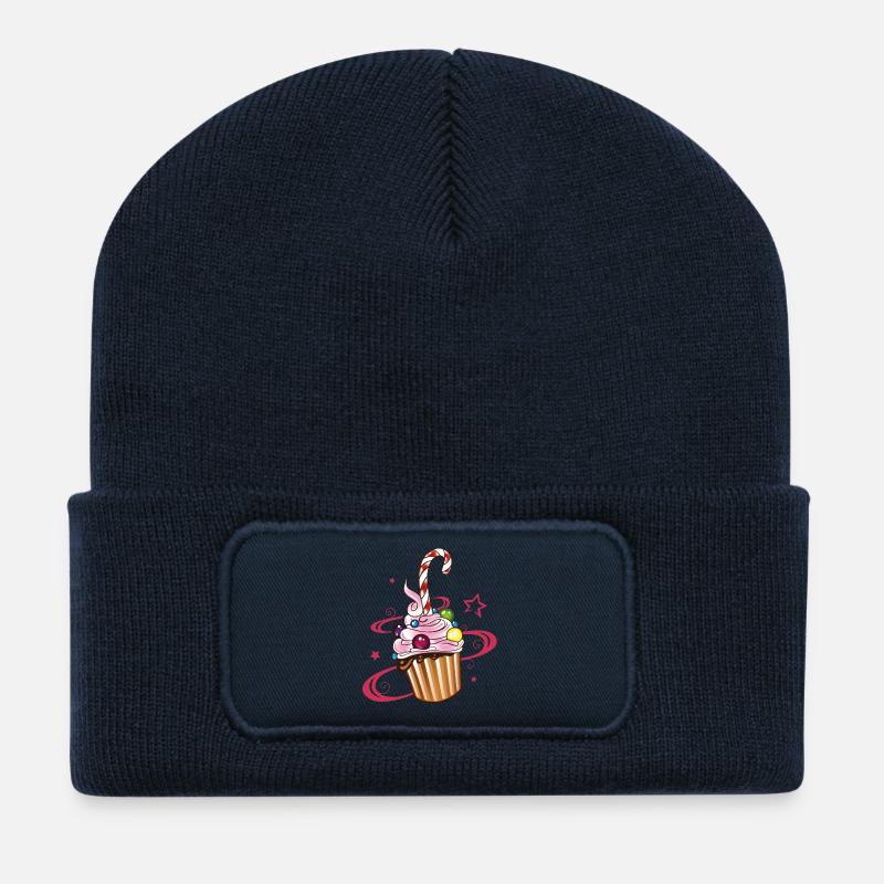 Muffin mit Sternen, Süßigkeiten und Zuckerstange. - Recycelte Patch Beanie - French Navy