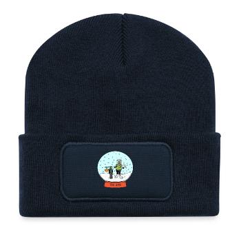 Fat bike dans boule à neige cartoon - Beanie recyclé à patch - bleu marine - Devant